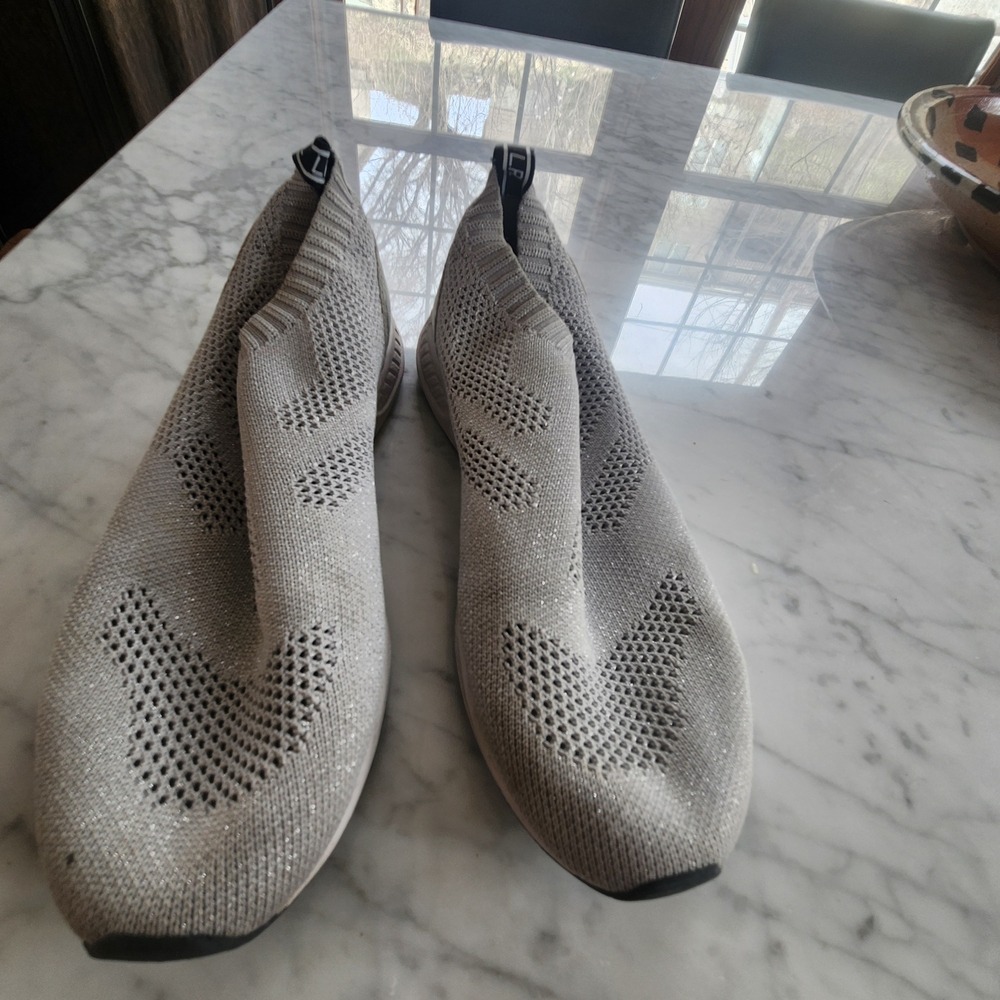 Ralph Lauren Light Glutter Gray Knit Slip-On Sneakers, mesh style, leather sides